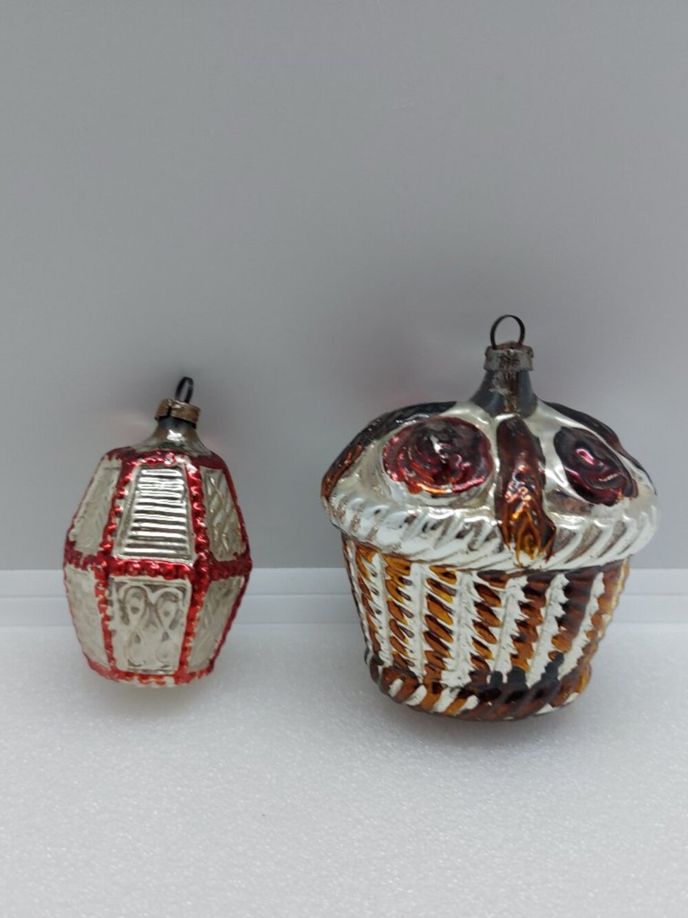 2 Vintage Glass Christmas Tree Ornaments Rose Basket & Small Lantern